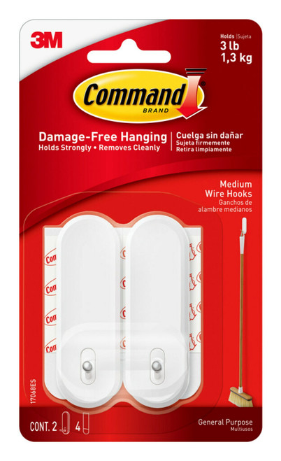 Command Medium Wire Hooks-White 2 Hooks & 4 Strips -17068 - 051131921276