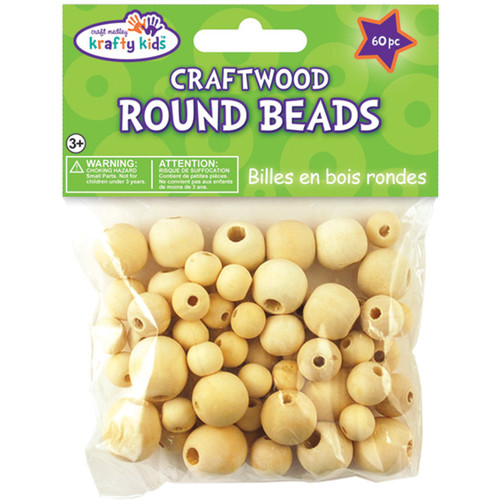 Krafty Kids Craftwood Round Beads 10mm To 16mm 60/Pkg-Natural CW330 - 775749149852