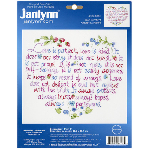 Janlynn Stamped Cross Stitch Kit 12"X10"-Love Is Patient 187-0301 - 049489873019