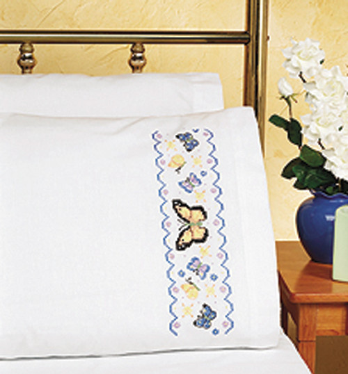 Janlynn Stamped Cross Stitch Pillowcase Pair 20"X30"-Butterflies - 21-0937