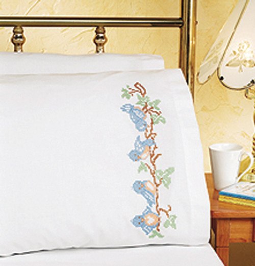 Janlynn Stamped Cross Stitch Pillowcase Pair 20"X30"-Birds On A Branch - 21-0940 - 049489219404