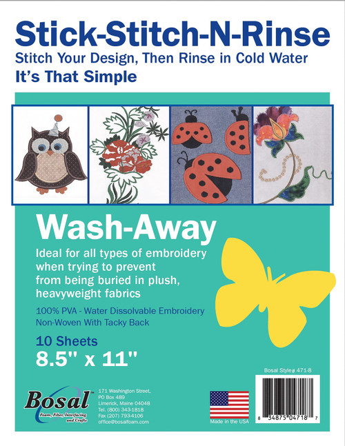 Bosal Stick-Stitch-N-Rinse Wash-Away Stabilizer 10/Pkg-8.5"X11" - 471-8 - 834875047187