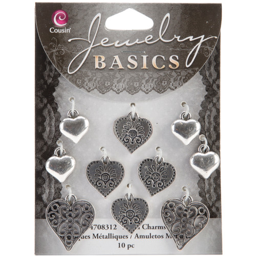 Cousin Jewelry Basics Metal Charms-Silver Hearts 10/Pkg JBCHARM-8312 - 016321049413