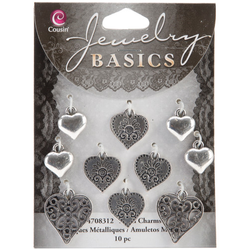 Jewelry Basics Metal Charms-Silver Hearts 10/Pkg -JBCHARM-8312 - 016321049413