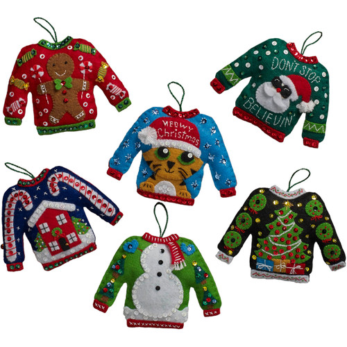 Bucilla Felt Ornaments Applique Kit Set Of 6-Ugly Sweater -86674