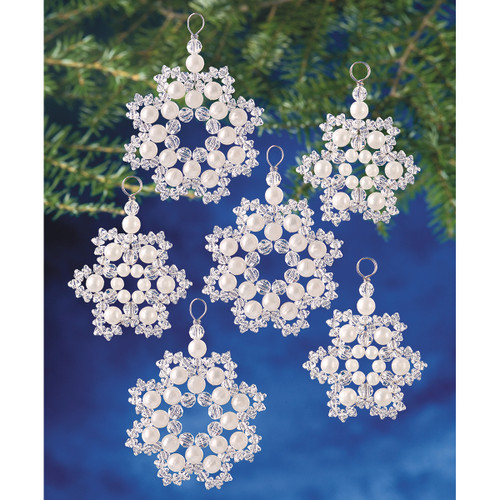 The Beadery Holiday Beaded Ornament Kit-Crystal & Pearl Snowflakes 2.5" Makes 12 - BOK-7335