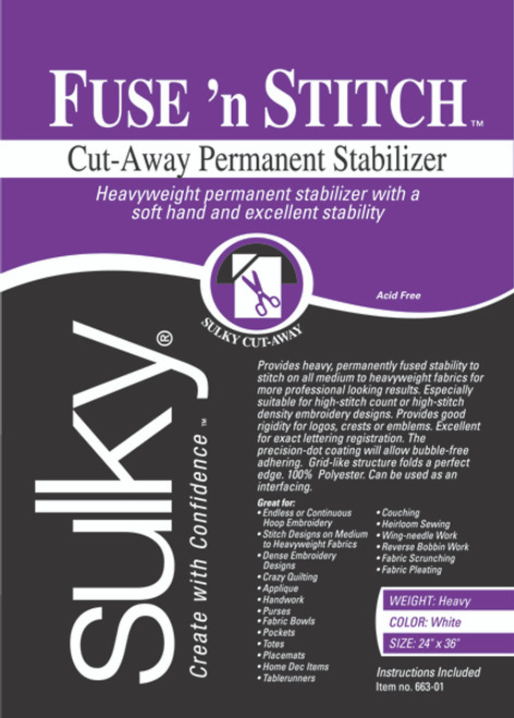 Sulky Fuse 'n Stitch Cut-Away Permanent Stabilizer-24"X36" - 663-01 - 727072663017
