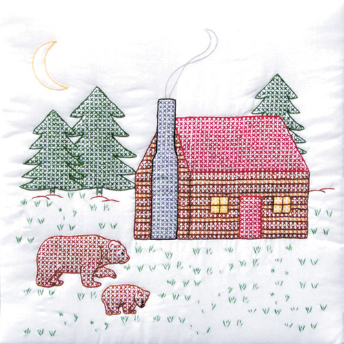 Jack Dempsey Stamped White Quilt Blocks 18"X18" 6/Pkg-Cabin & Bears - 732 316
