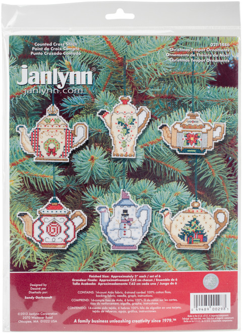 Janlynn Counted Cross Stitch Kit 3"X3" Set of 6-Christmas Teapot Ornaments (14 Count) - 21-1486 - 049489002983 Janlynn Counted Cross Stitch Kit 3"X3" Set of 6-Christmas Teapot Ornaments (14 Count) - 21-1486 - 049489002983