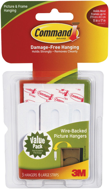 Command Large Wire-Backed Picture Hangers-White 3 Hooks & 6 Strips - 17043 - 051131949256