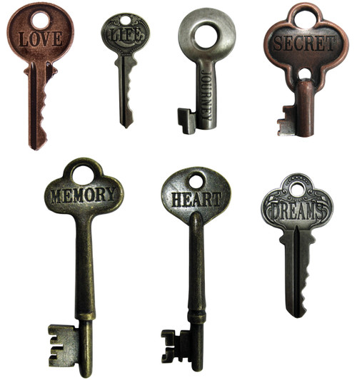 Idea-Ology Metal Word Keys 1.5" To 3" 7/Pkg-Antique Nickel, Brass & Copper TH92680