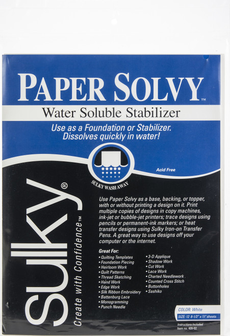 Sulky Paper Solvy Water-Soluble Stabilizer 12/Pkg-8.5"X11" - 409-02 - 727072409028