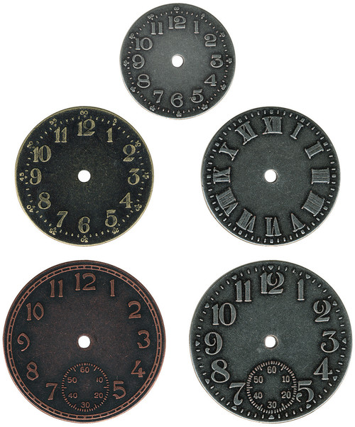 Idea-Ology Metal Clock Faces 1.25" To 1.75" 5/Pkg-Antique Nickel, Brass & Copper TH92831