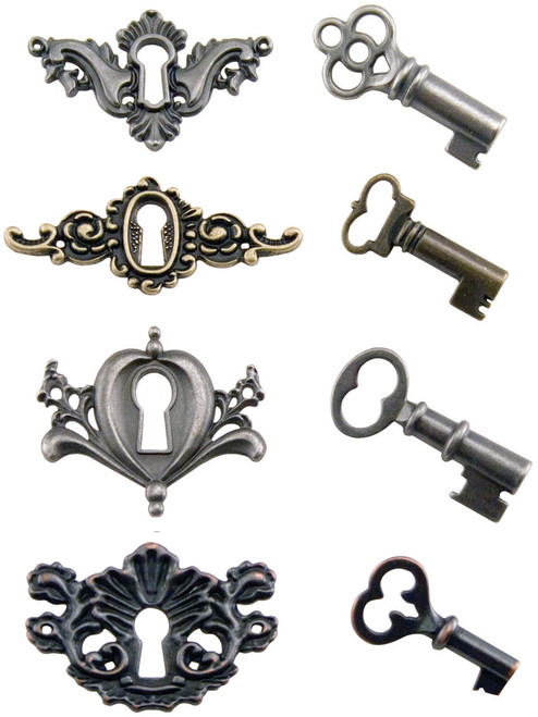 Idea-Ology Metal Locket Keys & Keyholes 8/Pkg-Antique Nickel, Brass & Copper - TH92822