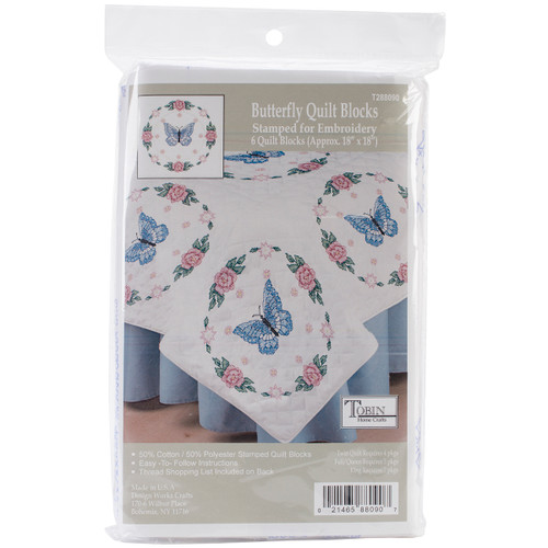 Tobin Stamped White Quilt Blocks 18"X18" 6/Pkg-Butterfly Rose T288090 - 021465880907