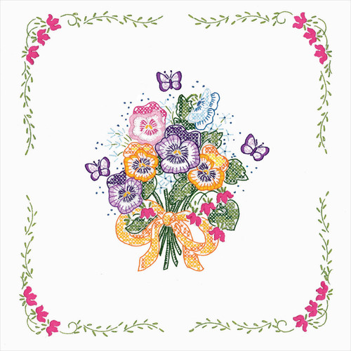 Tobin Stamped White Quilt Blocks 18"X18" 6/Pkg-Pansies - T288092