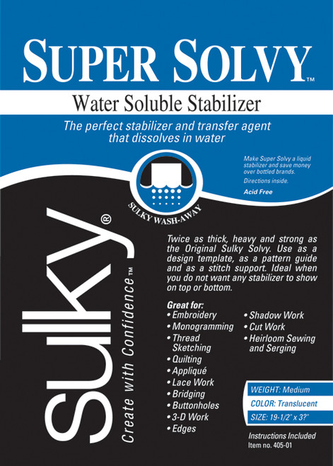 Sulky Super Solvy Water-Soluble Stabilizer-19.5"X36" - 405-01 - 727072405013