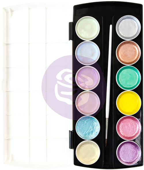Prima Art Philosophy Metallic Accents Semi-Watercolor Paint-12 Pastel Cakes & Brush - 631895