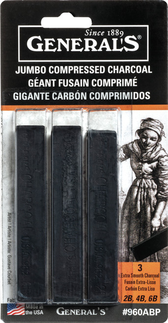 General's Jumbo Compressed Charcoal Sticks 3/Pkg-Black - 2B, 4B & 6B - 960ABP - 044974096003
