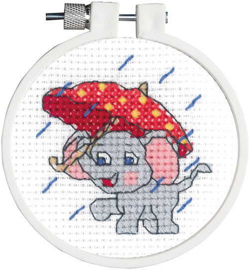 Janlynn/Kid Stitch Mini Counted Cross Stitch Kit 3" Round-Rainy Day Elephant (11 Count) 21-1836