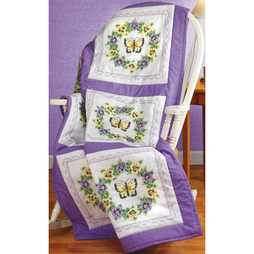 Janlynn Stamped Cross Stitch Quilt Blocks 18"X18" 6/Pkg-Pansy Wreath - 21-1332
