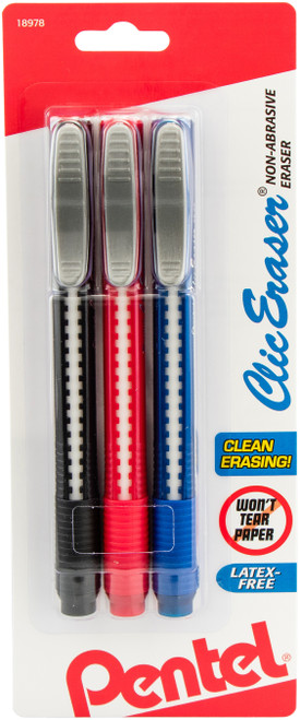 Pentel Clic Retractable Erasers 3/Pkg-Black, Red & Blue Barrels ZE21BP3M - 072512189788