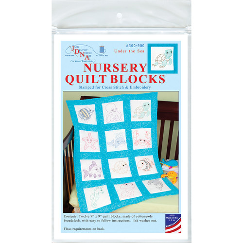 Jack Dempsey Stamped White Nursery Quilt Blocks 9"X9" 12/Pkg-Under The Sea 300 900 - 013155159004