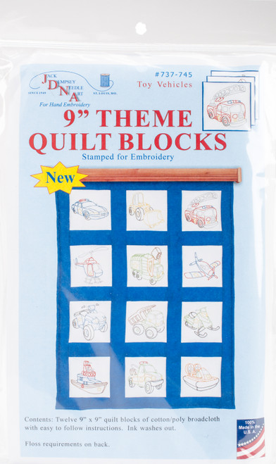 Jack Dempsey Themed Stamped White Quilt Blocks 9"X9" 12/Pkg-Toy Vehicles 737 745 - 013155527452