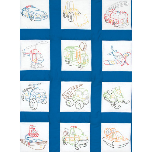 Jack Dempsey Themed Stamped White Quilt Blocks 9"X9" 12/Pkg-Toy Vehicles - 737 745