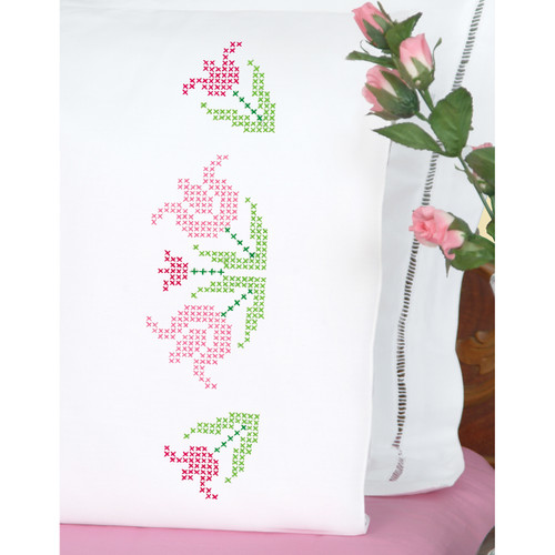 Jack Dempsey Stamped Pillowcases W/White Perle Edge 2/Pkg-Xx Lace Tulips 1600 296