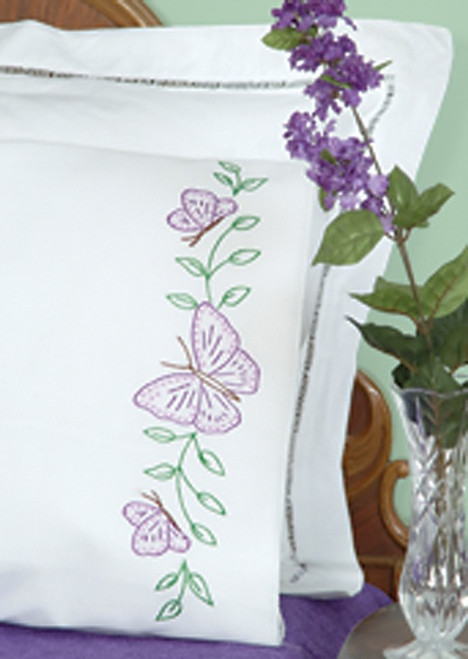 Jack Dempsey Stamped Pillowcases W/White Perle Edge 2/Pkg-Circle Of Butterflies - 1600 307