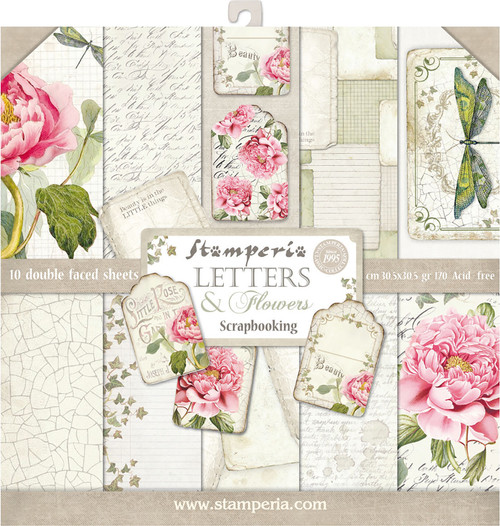 Stamperia Double-Sided Paper Pad 12"X12" 10/Pkg-Letters & Flowers, 10 Designs/1 Each - SBBL22 Stamperia Double-Sided Paper Pad 12"X12" 10/Pkg-Letters & Flowers, 10 Designs/1 Each - SBBL22