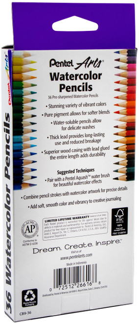 Pentel Arts Watercolor Pencils 36/Pkg-Assorted Colors CB936