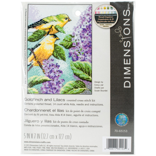 Dimensions Mini Counted Cross Stitch Kit 5"X7"-Goldfinch & Lilacs (14 Count) 70-65153 - 088677651534