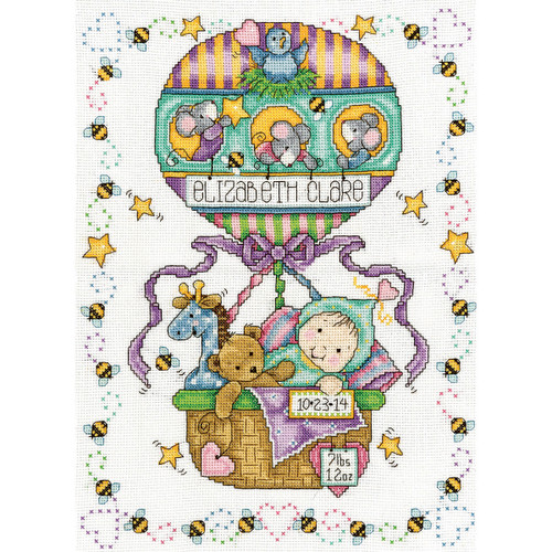 Tobin Counted Cross Stitch Kit 11"X14"-Balloon Ride Birth Record (14 Count) - T21769