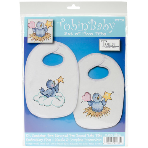 Tobin Stamped Cross Stitch Bib Pair Kit 8"X10" 2/Pkg-Balloon Ride Baby Birds - T21768 - 021465217680