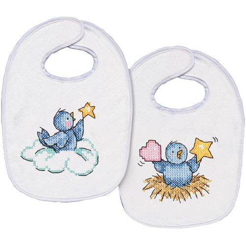 Tobin Stamped Cross Stitch Bib Pair Kit 8"X10" 2/Pkg-Balloon Ride Baby Birds - T21768