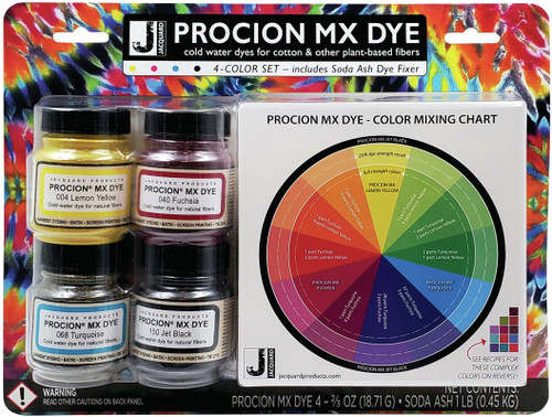 Jacquard Procion MX 4-Color Dye Set W/Soda Ash-Yellow, Fuschia, Turquoise & Black - PMX100S - 743772025634