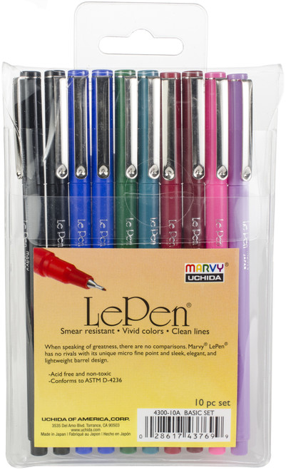 Uchida Le Pen .03mm Point 10/Pkg-Assorted Colors 430010A - 028617437699