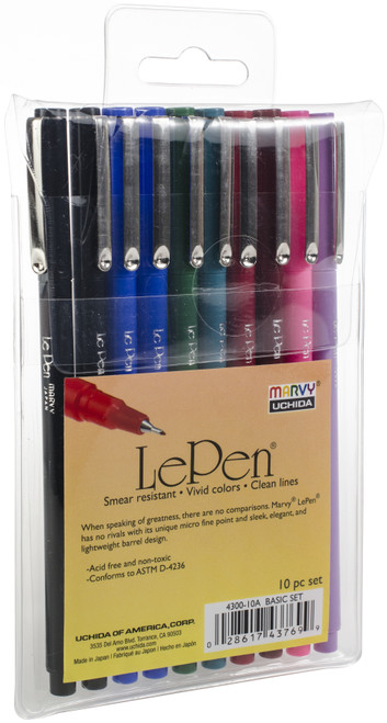 Uchida Le Pen .03mm Point 10/Pkg-Assorted Colors - 430010A