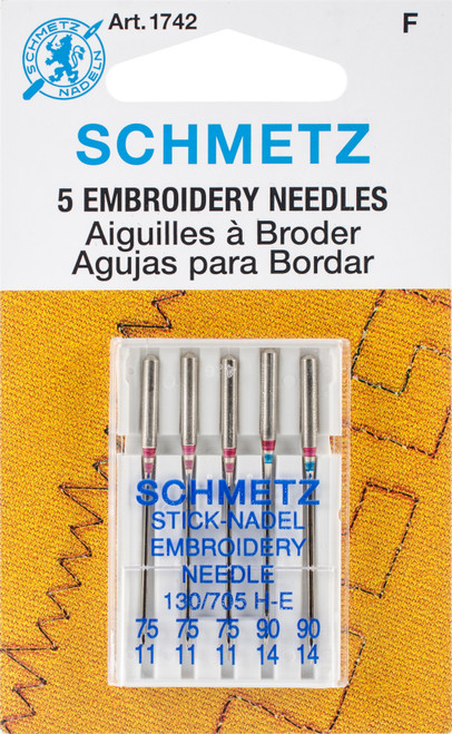 Schmetz Embroidery Machine Needles-Sizes 11/75 (3) & 14/90 (2) - 1742 - 036346317427 Schmetz Embroidery Machine Needles-Sizes 11/75 (3) & 14/90 (2) - 1742 - 036346317427