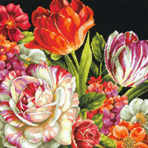 Dimensions Needlepoint Kit 14"X14"-Bouquet On Black Stitched In Thread 71-20079