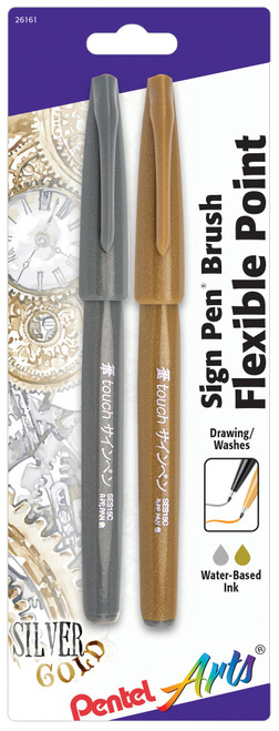 Pentel Arts Sign Pens With Brush Tip 2/Pkg-Gold & Silver 15CBPXZ - 072512261613