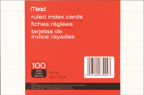 Mead Index Cards 4"X6" 100/Pkg-Ruled White - 63004M - 043100630043