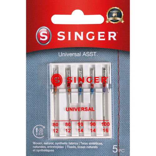 Singer Universal Regular Point Machine Needles-Sizes 12/80 (2), 14/90 (2) & 16/100 (1) -4766 - 075691047665