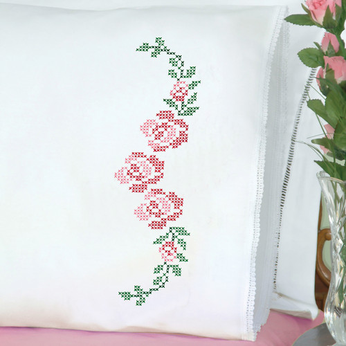 Jack Dempsey Stamped Pillowcases W/White Lace Edge 2/Pkg-XX Rose Vine - 1800 477 - 013155874778