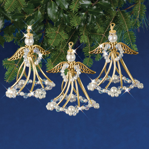 Solid Oak Nostalgic Christmas Beaded Crystal Ornament Kit-Golden Angels Makes 3 - NCHBOK-006