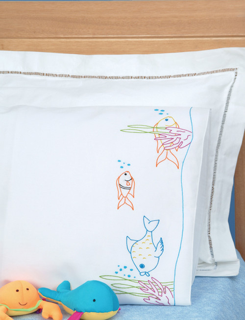 Jack Dempsey Children's Stamped Pillowcase W/Perle Edge-Fish At Play 1605 351 - 013155863512