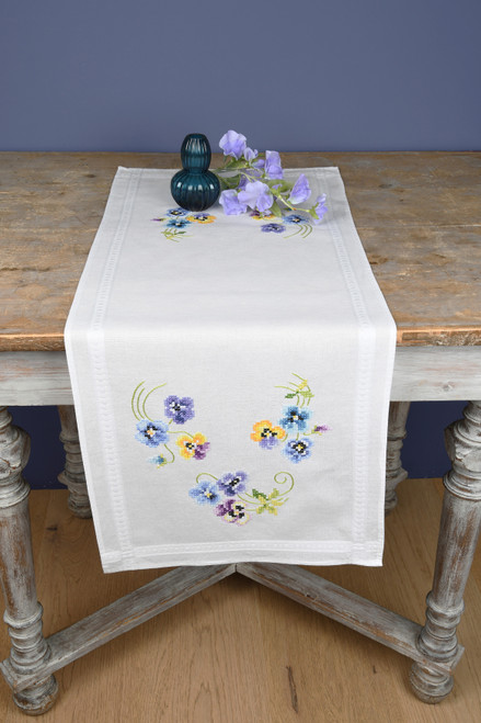 Vervaco Stamped Table Runner Cross Stitch Kit 16"X40"-Pretty Pansies V0145233