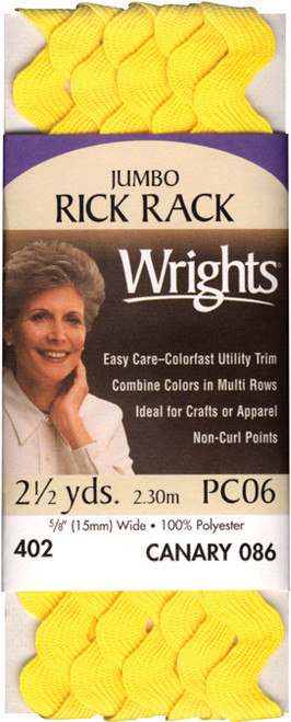 Wrights Jumbo Rickrack .625"X2.5yd-Canary 117-402-086 - 070659142482